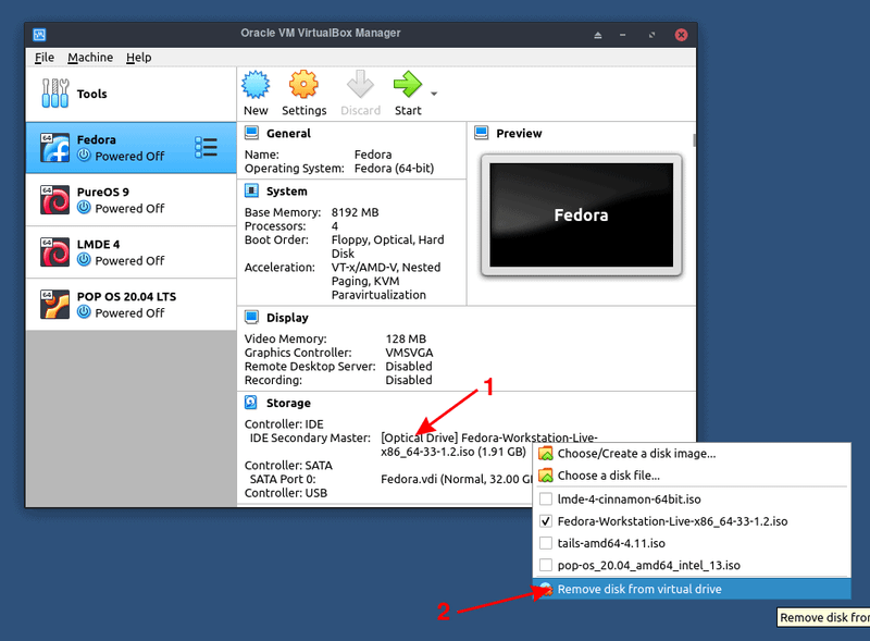 從光盤驅動器中(zhōng)删除Fedora Iso